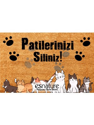 Esnature Kedili Kedi Desenli Patilerinizi Silin Yazılı Kapı Önü Paspası 45X70 cm