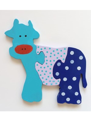 Ponpontoys Benekli Mavi Inek Ahşap Puzzle Yapboz