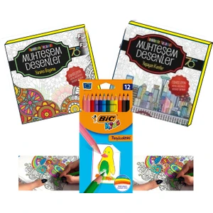 Yetişkinler İçin Boyama Seti (2 Adet Mandala Kitabı + Bic 12'li Boya Kalemi)