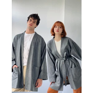 Cepli Kışlık Hırka Kimono Unisex Gri