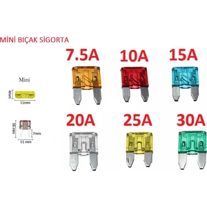 Mini Bıçak Sigorta 100 Adet Karışık 5A 7,5A 10A 15A 20A 25A 30A