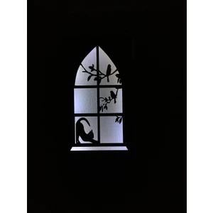 Kedi -Kuş Motifli Peri Led(Beyaz) Pilli Ceviz Mdf Ahşap Duvar Dekoru 36X18CM(PILLER Dahil)