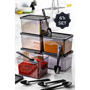 6lı Multi Set Kaşıklı Baharatlık Büyük Boy Siyah