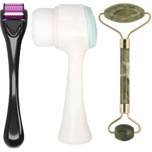 Mujgan 3’lü Cilt Bakım Seti Dermaroller 0.5 mm + Cilt Temizleme Fırçası Klasik + Yeşim Taşı Yüz Masaj Aleti