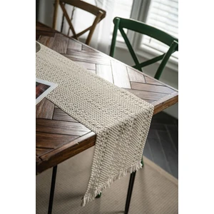 Runner Masa Örtüsü Ham Pamuk Örme Dantel Püsküllü Krem 37x150 cm