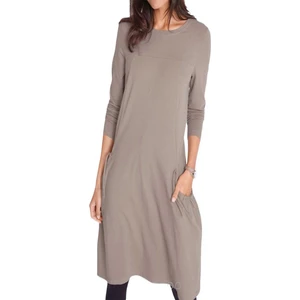 Kadın Taş Renk Uzun Kollu Cep Büzgü Detay Coton Elbise