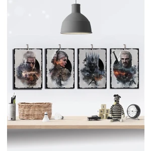 Witcher 3- 4'lü Gamer Hediyelik Özel Tasarım 8mm Dekoratif Ahşap Tablo Seti