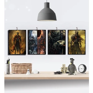 Dark Soul 4'lü Gamer Hediyelik Özel Tasarım 8mm Dekoratif Ahşap Tablo Seti