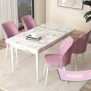 Concept Arp Serisi, Beyaz Mermer Desen Masa 70X110  Sabit Mutfak Masası Takımı, 4 Sandalye