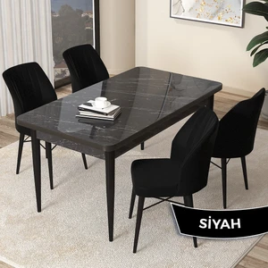 Concept Arp Serisi, Siyah Mermer Desen Masa 71 x 110 cm Sabit Mutfak Masası Takımı, 4 Sandalye