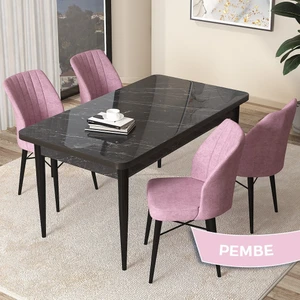 Concept Arp Serisi, Siyah Mermer Desen Masa 71 x 110 cm Sabit Mutfak Masası Takımı, 4 Sandalye