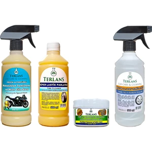 Terlans Motosiklet Bakım Seti 4'lü - Kask Temizleyici  Lastik Parlatıcı Jant Temizleyici ve Far Parlatıcı & Çizik Giderici + Mikrofiber Bez ve Uygulama Süngeri