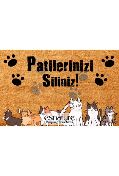 Esnature Kedili Kedi Desenli Patilerinizi Silin Yazılı Kapı Önü Paspası 45X70 cm