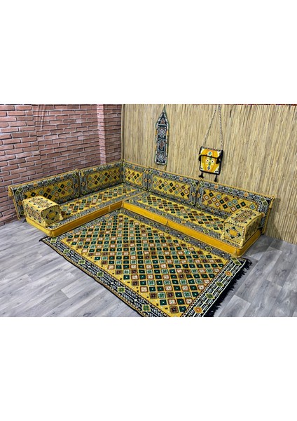 Şark Köşesi Minderi Şili Desenli 120x180 cm Kilim Takımı Konsept Sarı Lacivert 12 Parça