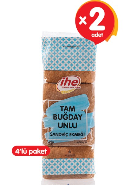 Tam Buğday Unlu Sandviç Ekmeği 400 gr (2 Adet)