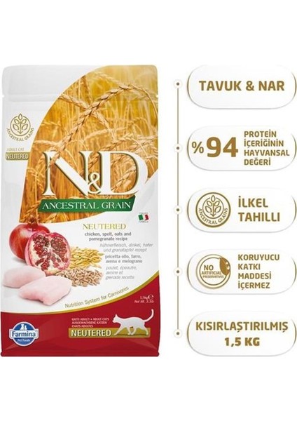 Anc Gra 1.5 kg Tavuklu Narlı Düşük Tahıllı Kısır Kedi Maması