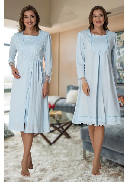 2019 Effortt Mavi Sabahlıklı Pijama Takımı Effortt 2019 Effortt