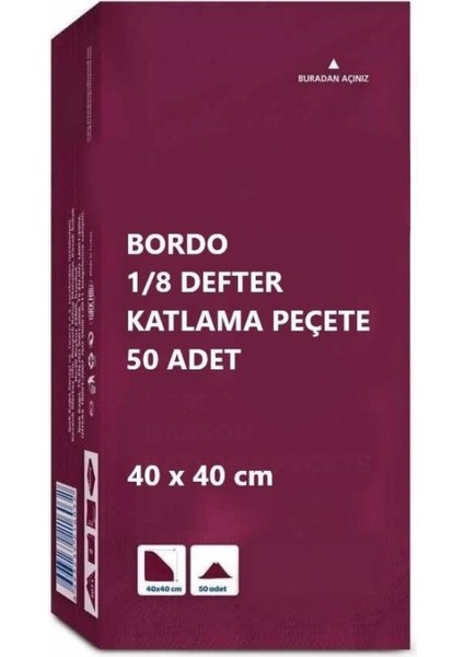 40X40 cm 1/8 Defter Katlama Servis Peçetesi 50 Adet Bordo