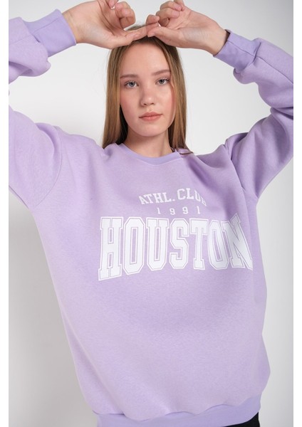 Kadın Lila Houston Baskılı Bisiklet Yaka Oversize Sweatshirt