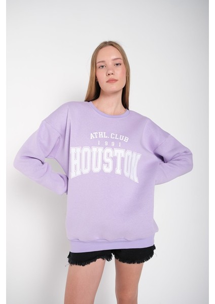 Kadın Lila Houston Baskılı Bisiklet Yaka Oversize Sweatshirt