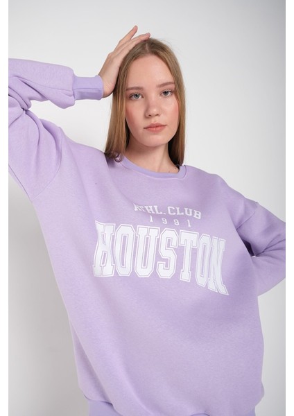 Kadın Lila Houston Baskılı Bisiklet Yaka Oversize Sweatshirt