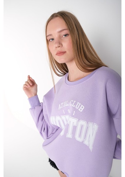 Kadın Lila Houston Baskılı Bisiklet Yaka Oversize Sweatshirt