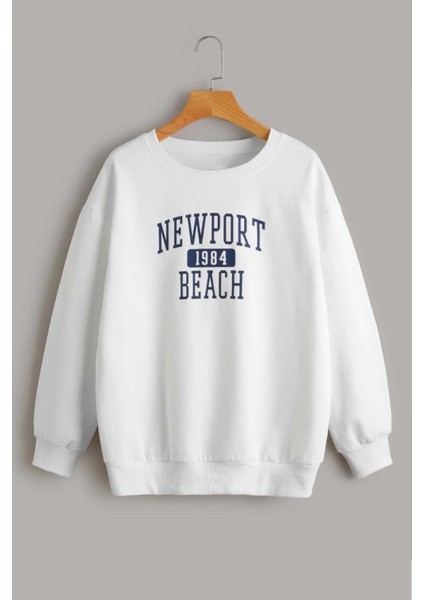 Unisex Beyaz Newport Beach 1984 Baskılı Bisiklet Yaka Oversize Sweatsirt