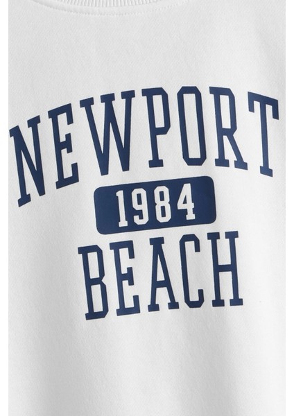 Unisex Beyaz Newport Beach 1984 Baskılı Bisiklet Yaka Oversize Sweatsirt