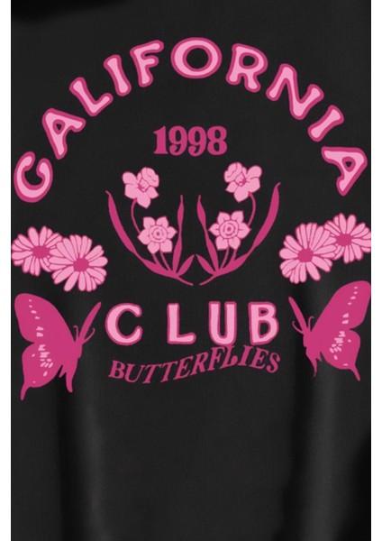 Siyah California 1998 Baskılı Kapüşonlu Oversize Sweatshirt