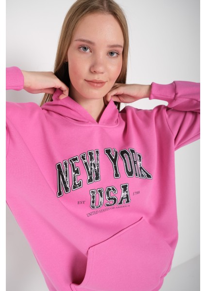 Kadın Pembe New York Usa Baskılı Kapüşonlu Oversize Sweatshirt