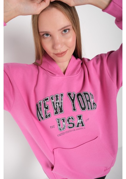 Kadın Pembe New York Usa Baskılı Kapüşonlu Oversize Sweatshirt