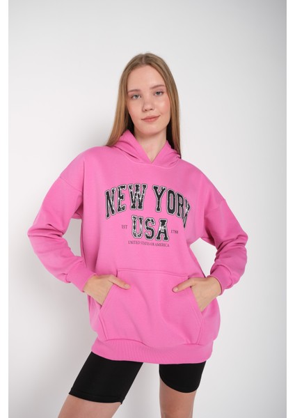 Kadın Pembe New York Usa Baskılı Kapüşonlu Oversize Sweatshirt