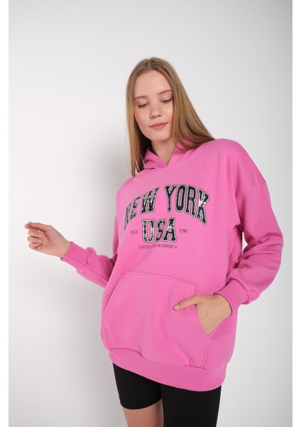 Kadın Pembe New York Usa Baskılı Kapüşonlu Oversize Sweatshirt