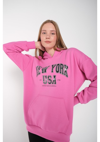 Kadın Pembe New York Usa Baskılı Kapüşonlu Oversize Sweatshirt