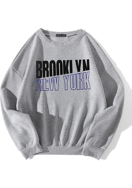 Unisex Brooklyn Mavi New York Baskılı Gri Bisiklet Yaka Sweatshirt