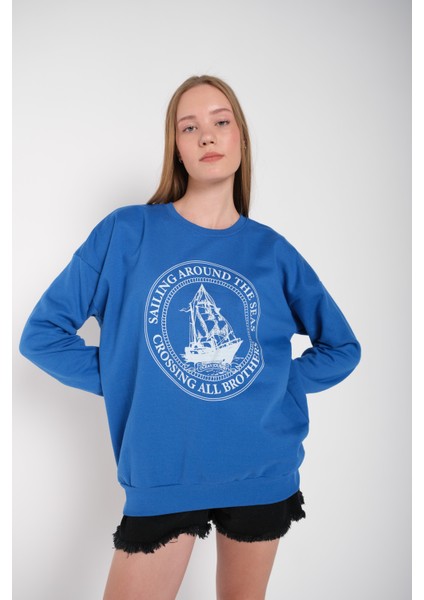 Kadın Sax Mavi Sailing Around Baskılı Bisiklet Yaka Oversize Sweatshirt