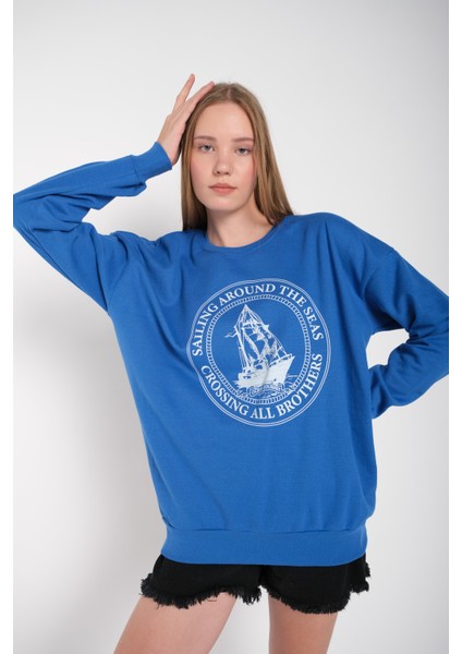 Kadın Sax Mavi Sailing Around Baskılı Bisiklet Yaka Oversize Sweatshirt