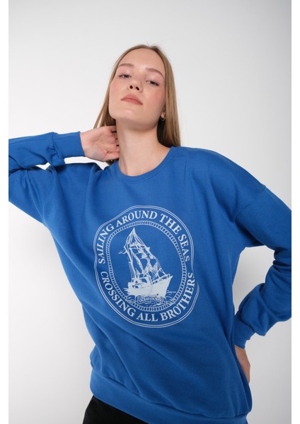 Kadın Sax Mavi Sailing Around Baskılı Bisiklet Yaka Oversize Sweatshirt