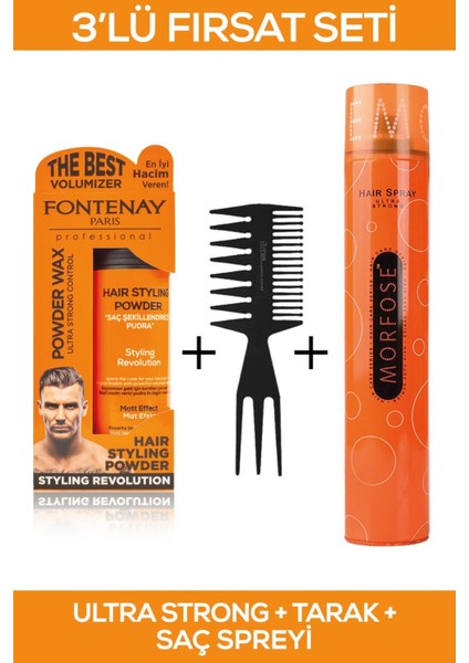 Saç Şekillendirici Pudra Toz Wax Ultra Strong Turuncu + Şekil Tarağı + Saç Spreyi 400ml 3'Lü Set