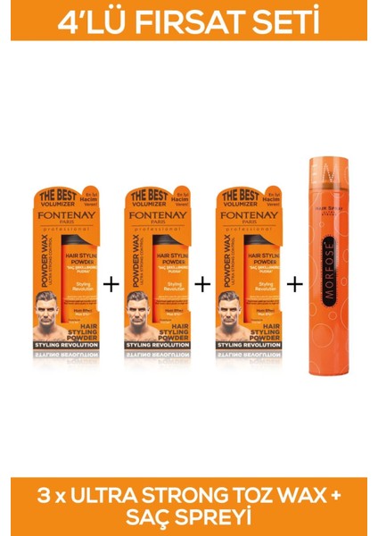 Saç Şekillendirici Pudra Toz Wax Ultra Strong Turuncu X3 + Saç Spreyi 400ml 4'Lü Set