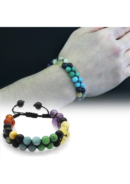 Çift Sıra Makrome Örgülü Küre Kesim Çakra Doğaltaş Kombinli Erkek Başarı Bilekliği modelleri