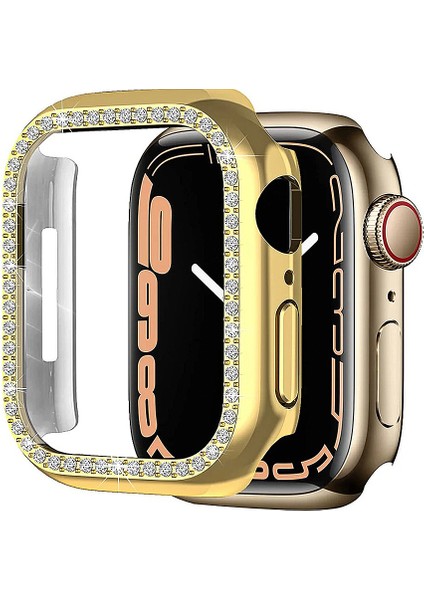 Apple Watch 7 45MM Ile Uyumlu Kasa Koruyucu Taş Desenli Watchgard Ekran Koruyucu Gold