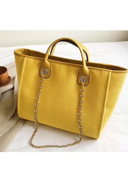 42 cm Yeni Kadın Tote Çanta Moda Tuval Büyük Çanta Zincirleri Omuz Çantaları Bayanlar Büyük Messenger Çanta Alışveriş Çantası | En Kolu Çanta (Sarı)