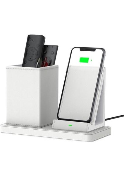 Ofis Masası Telefon Kablosuz Şarj Kalem Tutucu Tutucu Çok Fonksiyonlu Dikey Saklama Kutusu 10W Xiaomi Için Hızlı Şarj Standı | Telefon Tutucular ve standları (Beyaz)