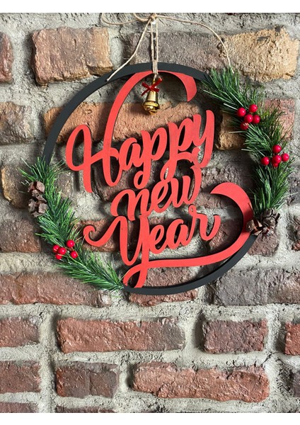 "happy New Year" Yazılı Ahşap Yeni Yıl Kapı Süsü