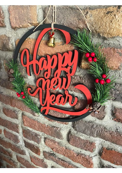 "happy New Year" Yazılı Ahşap Yeni Yıl Kapı Süsü