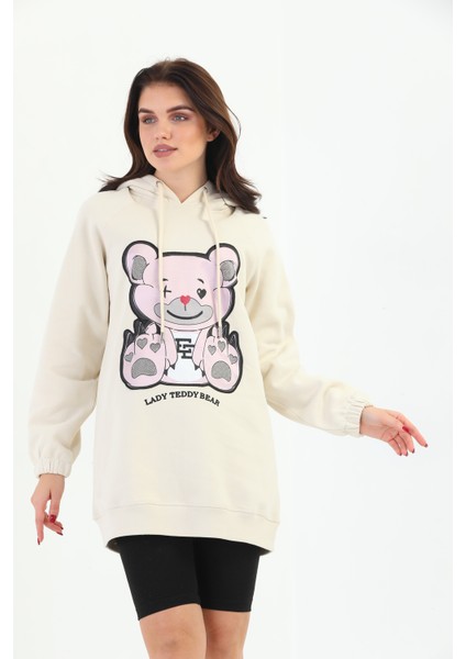 Bej Lady Teddy Bear Organik Kapüşonlu Kadın Sweatshirt