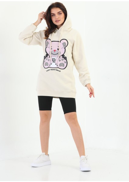 Bej Lady Teddy Bear Organik Kapüşonlu Kadın Sweatshirt