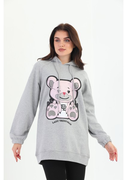 Gri Melanj Lady Teddy Bear Organik Kapüşonlu Kadın Sweatshirt