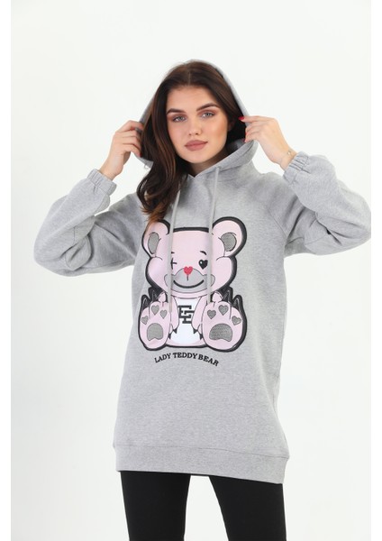 Gri Melanj Lady Teddy Bear Organik Kapüşonlu Kadın Sweatshirt